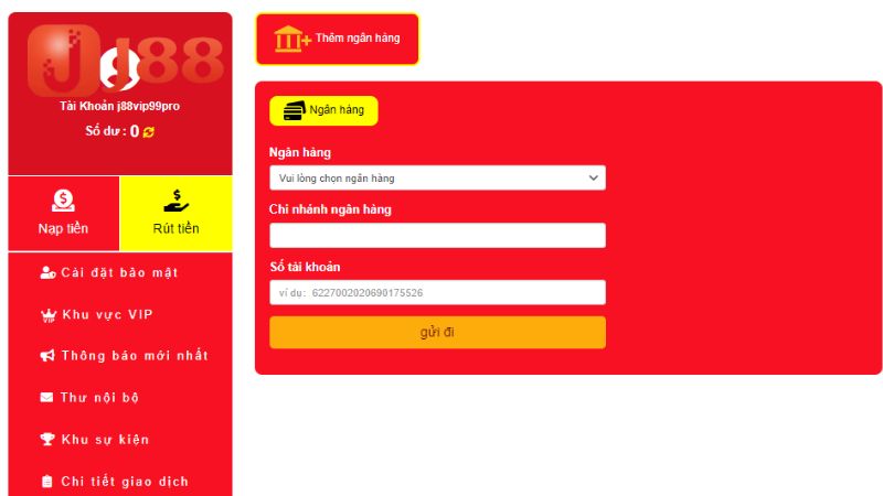 Người chơi thêm tài khoản ngân hàng trên J88